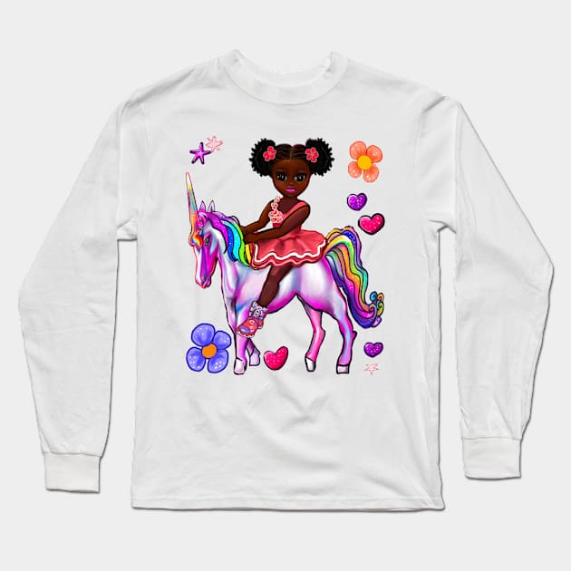 Princess on a unicorn cute black girl African American anime girl Long Sleeve T-Shirt by Artonmytee